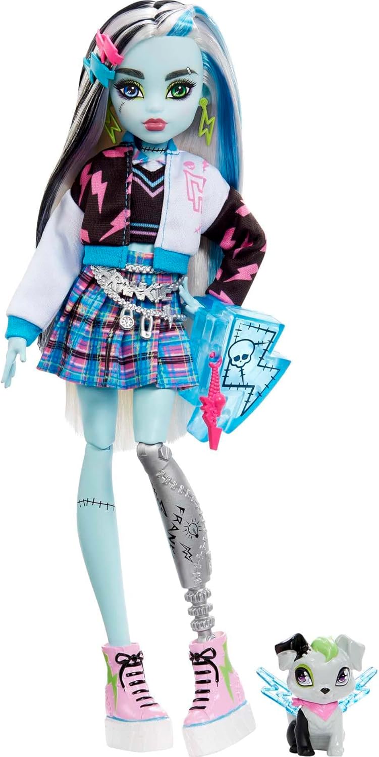 Amazon.com: Lalka Monster High, Frankie Stein z Niebiesko-Czarnymi Pasemkami we Włosach w Charakterystycznym Stylu z Modnymi Akcesoriami i Psem-zabawką Watzie : Zabawki i Gry