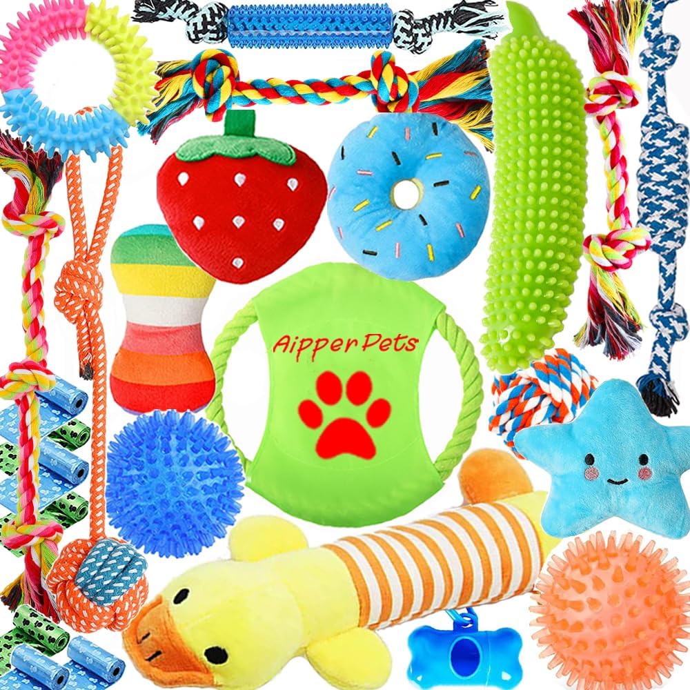Pet Supplies : Aipper Dog Toys 25 Pack for Fun and Teeth Cleaning, Puppy Chew Toys Pack with Squeak Plush Toy,Squeaky Toy Balls,Tug of War and Rope Toys for Puppy to Small Dogs : Amazon.com
