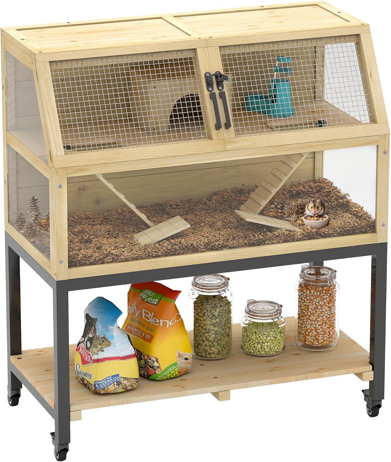 Amazon.com : PawHut Hamster Cage with Storage Shelf, Wooden Rat Cage on Wheel, Small Aniaml Cage with Seesaws, Water Bottle, Hut & Ramps, for Dwarf, Gerbil, Syrian Hamster, Mouse, 34" L x 17" W x 40" H : Pet Supplies