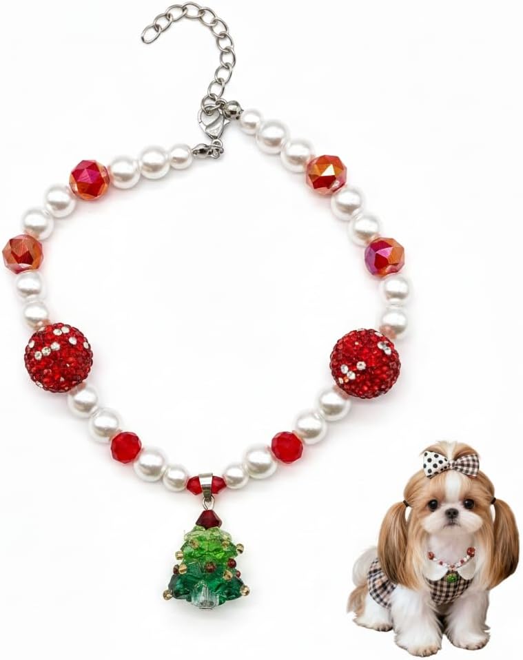 Amazon.com : Famthrob Świąteczny Naszyjnik dla Zwierząt z Perłowymi Koralikami, Kryształowymi Kuleczkami Rhinestone, Zawieszką Choinki, Czerwona i Biała Modna Obroża dla Kotów i Małych Psów : Artykuły dla Zwierząt