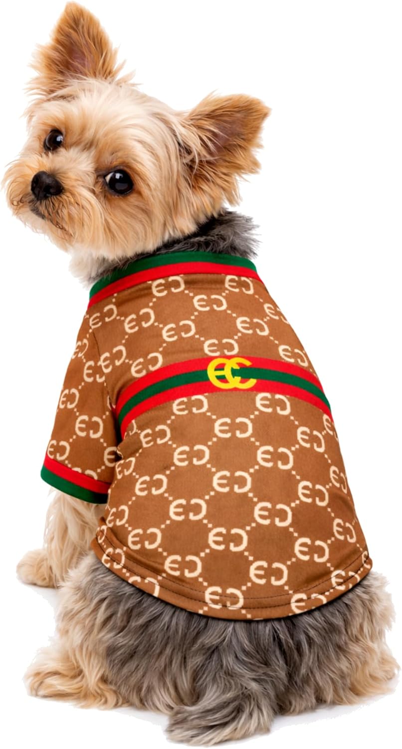 Amazon.com : Luxury Designer Dog T Shirt – Trendy Puppy Clothes for Small Dogs, Fashion Pet Tee for French Bulldogs & Chihuahuas, Everything Chic Dog Apparel (GucchewiTee, Medium) : Pet Supplies