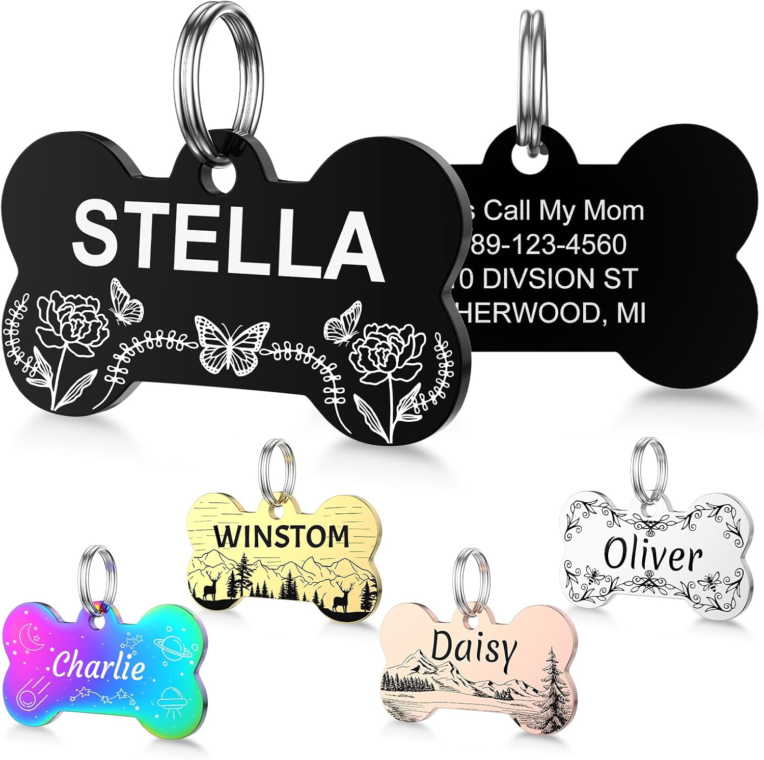Amazon.com: YEHANTI Dog Tags Personalized for Pets - Name Pattern Art Design Stainless Steel Cats Dogs ID Tags - Engraved with Laser - Stylish Dog Collar Accessories (Bone) : Pet Supplies